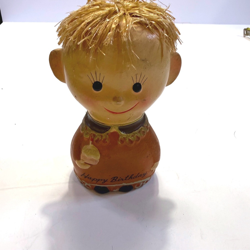 Vintage Happy Birthday Boy Papier Mache Coin Bank Straw Hair Mid Century MCM